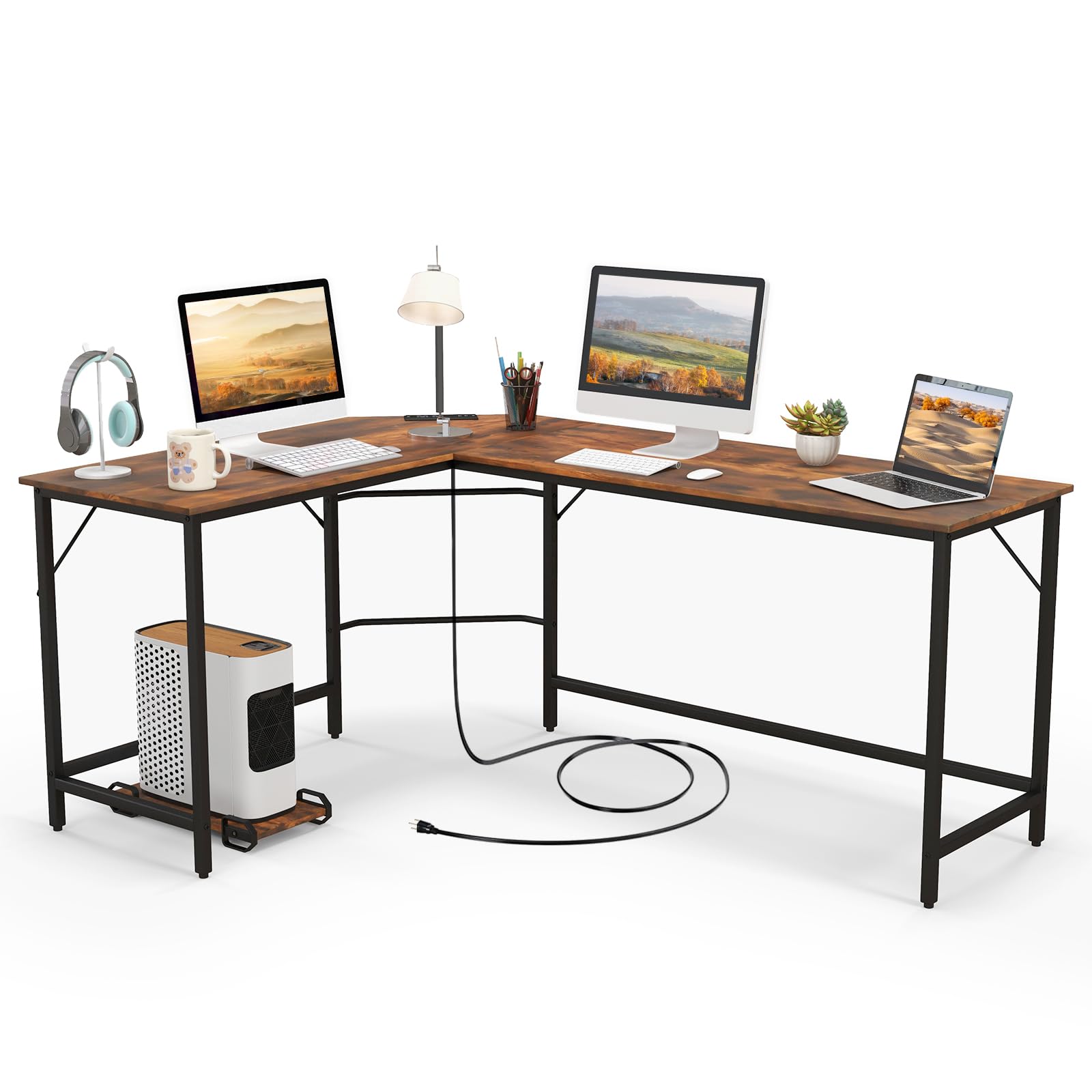 Giantex L-Shaped Desk with Power Outlet, 66" Computer Corner Desk with CPU Stand & Heavy-Duty Metal Frame