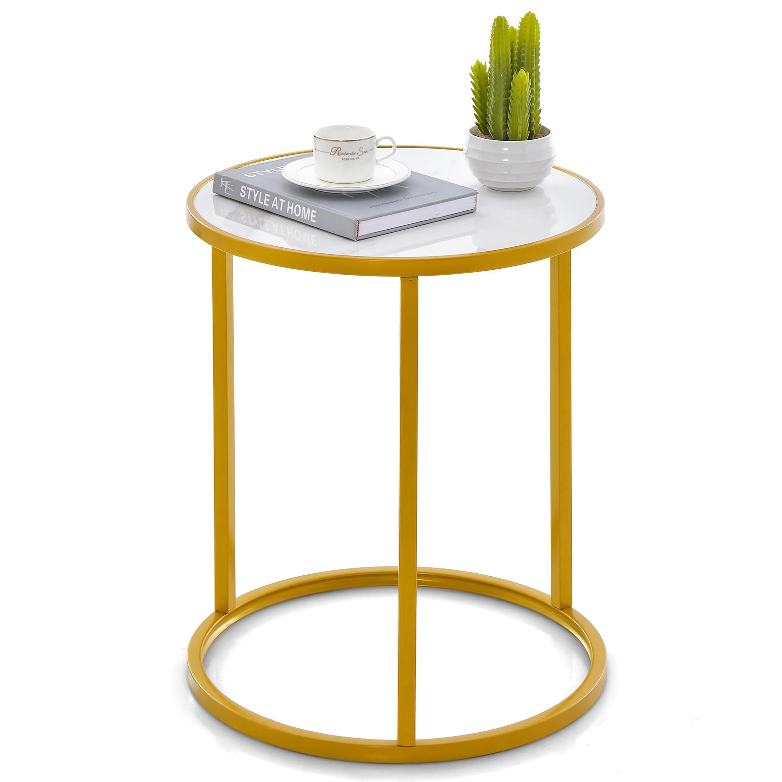 Giantex Faux Marble Side Table, Round End Table with Golden Metal Frame and White Marble Top