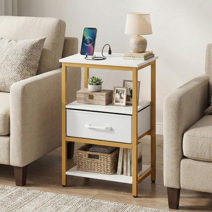 Giantex Nightstand with Charging Station and Adjustable Fabric Drawer for Bedroom and Living Room