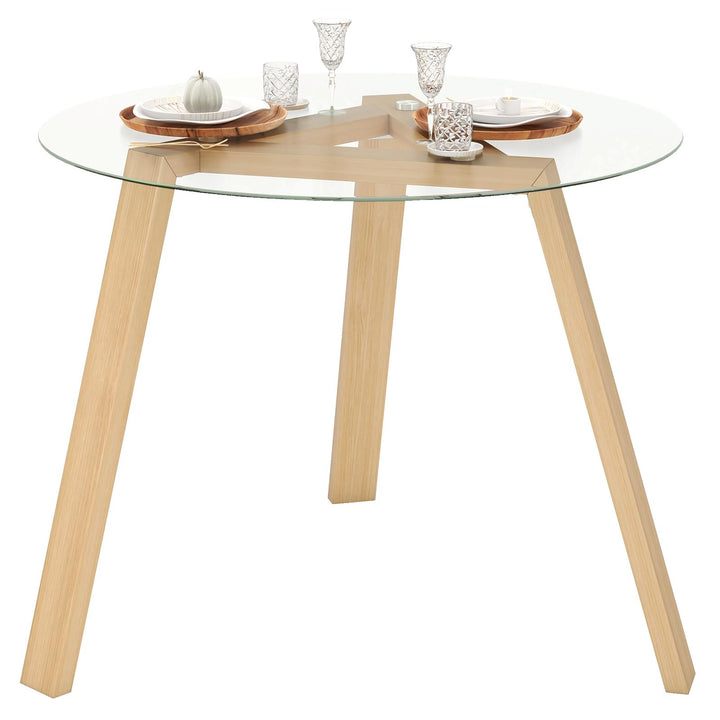 Giantex Round Glass Dining Table for 4 - Small Coffee Table with Rubber Wood Frame