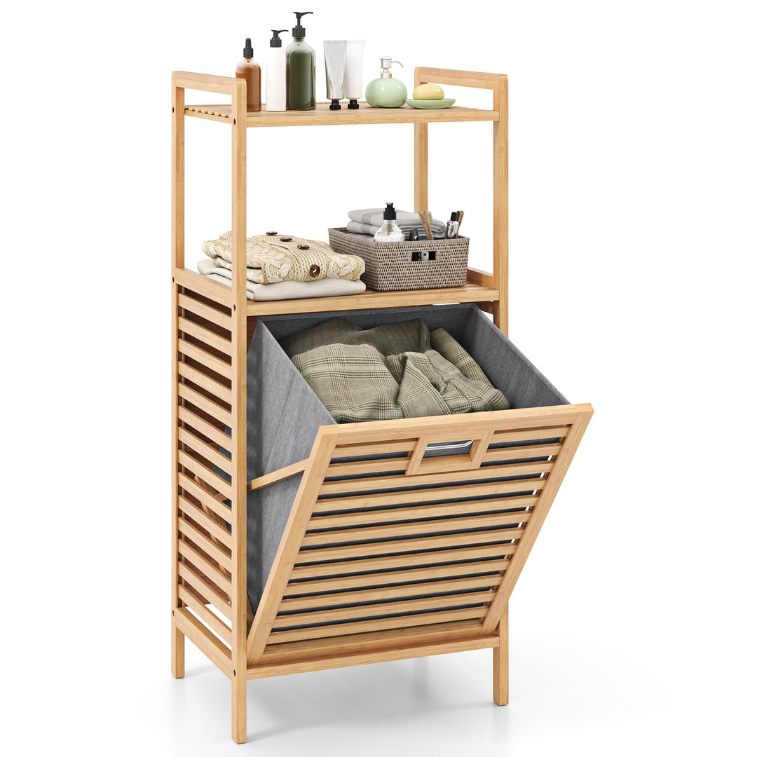 Giantex Tilt Out Laundry Hamper Bamboo Laundry Storage Cabinet with 2-Tier Storage Shelves
