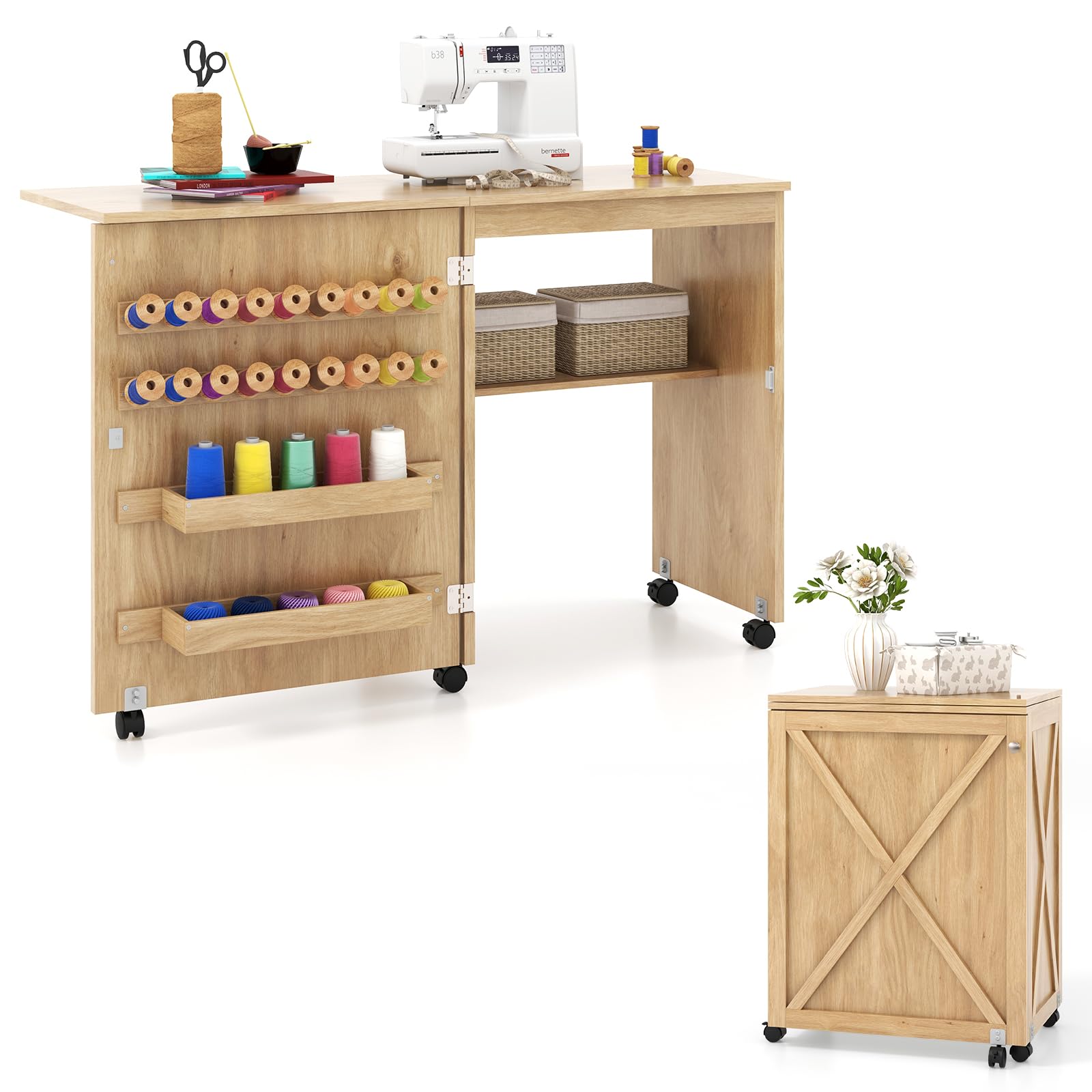 Giantex Folding Sewing Table - Farmhouse Sewing Machine Cabinet with Barn Door