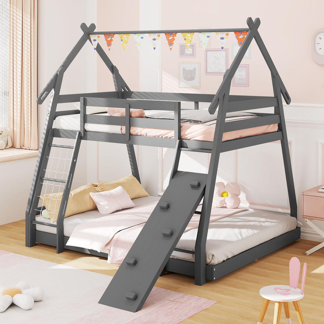 Giantex Twin Over Queen Bunk Bed, Wood House Bunk Bed for Kids with Climbing Nets and Ramp