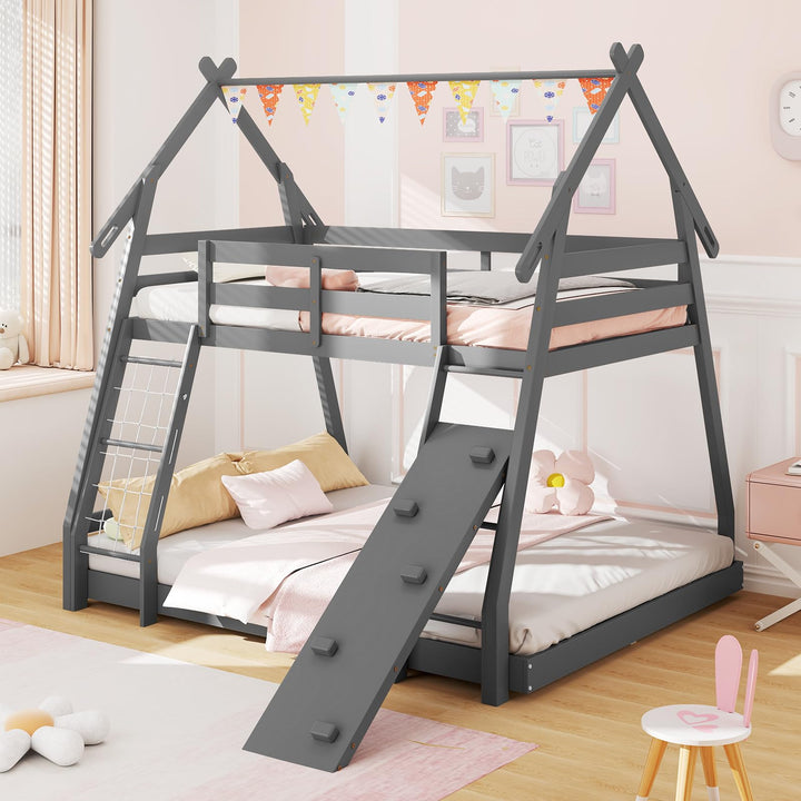 Giantex Twin Over Queen Bunk Bed, Wood House Bunk Bed for Kids with Climbing Nets and Ramp