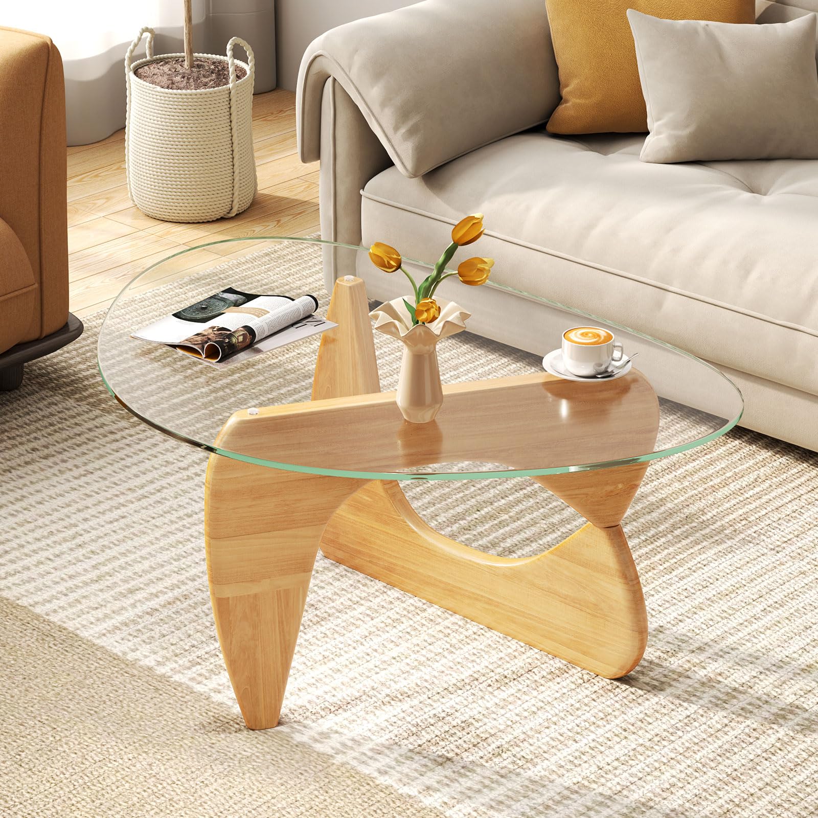 Giantex Triangle Glass Coffee Table, Solid Wood Tea Table with