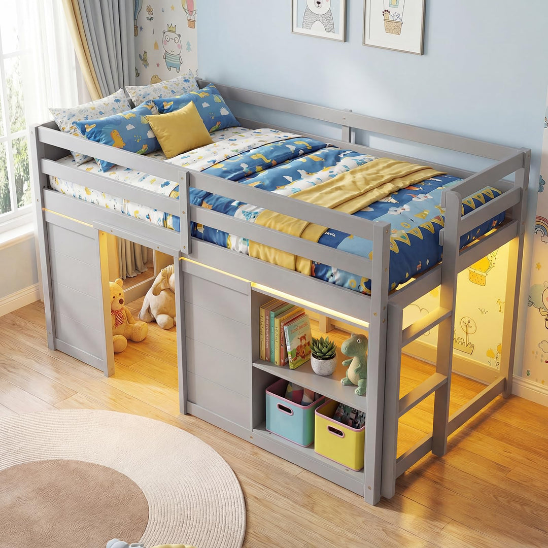 Giantex Wooden Low Kids Loft Bed with  LED Lights and 2 Doors