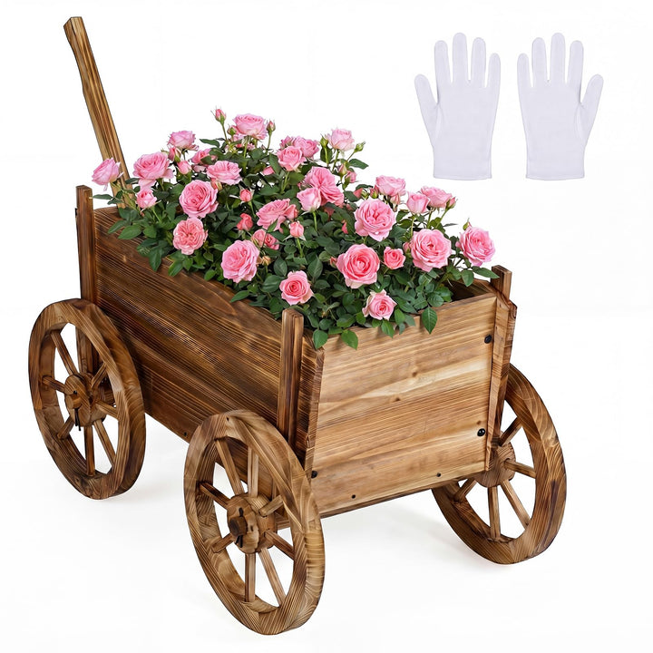 Giantex Wood Wagon Planter Rustic Rolling Flower Pot Stand