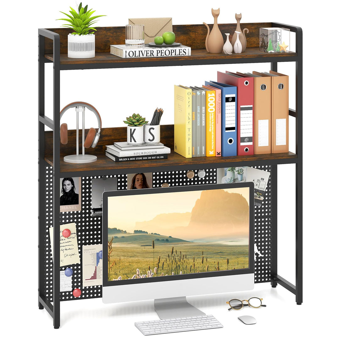 Giantex 2-Tier Desk Hutch Dorm with Pegboard for up to 32" Computer Monitor