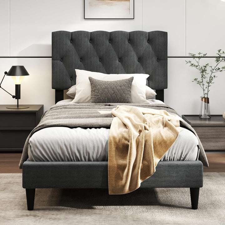 Modern Upholstered Platform Bed Frame with Diamond Tufting Headboard