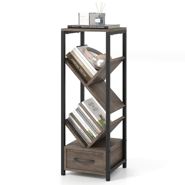 Giantex Tree Bookshelf with Drawer, 4-Tier Narrow Bookcase with Metal Frame, Tall Floor Standing Storage Organizer for Small Space