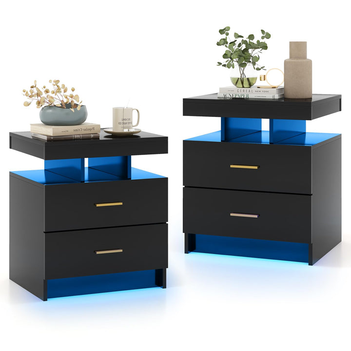 Giantex LED Nightstand, Modern Black Bedside Tables with 2 Storage Drawers