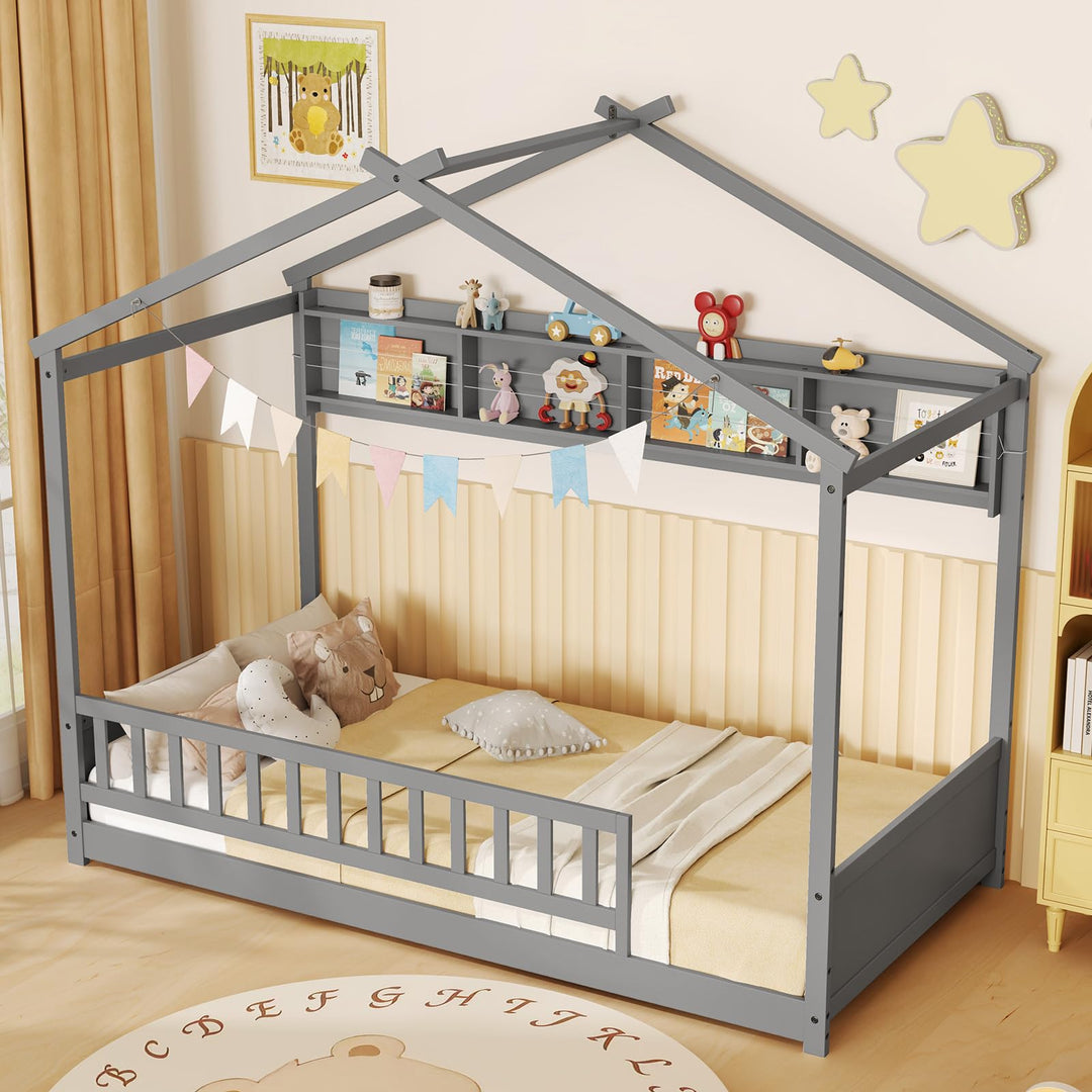 Giantex Twin Floor House Bed with Storage Shelf, Wood Twin Bed Frames with Headboard & Guardrail