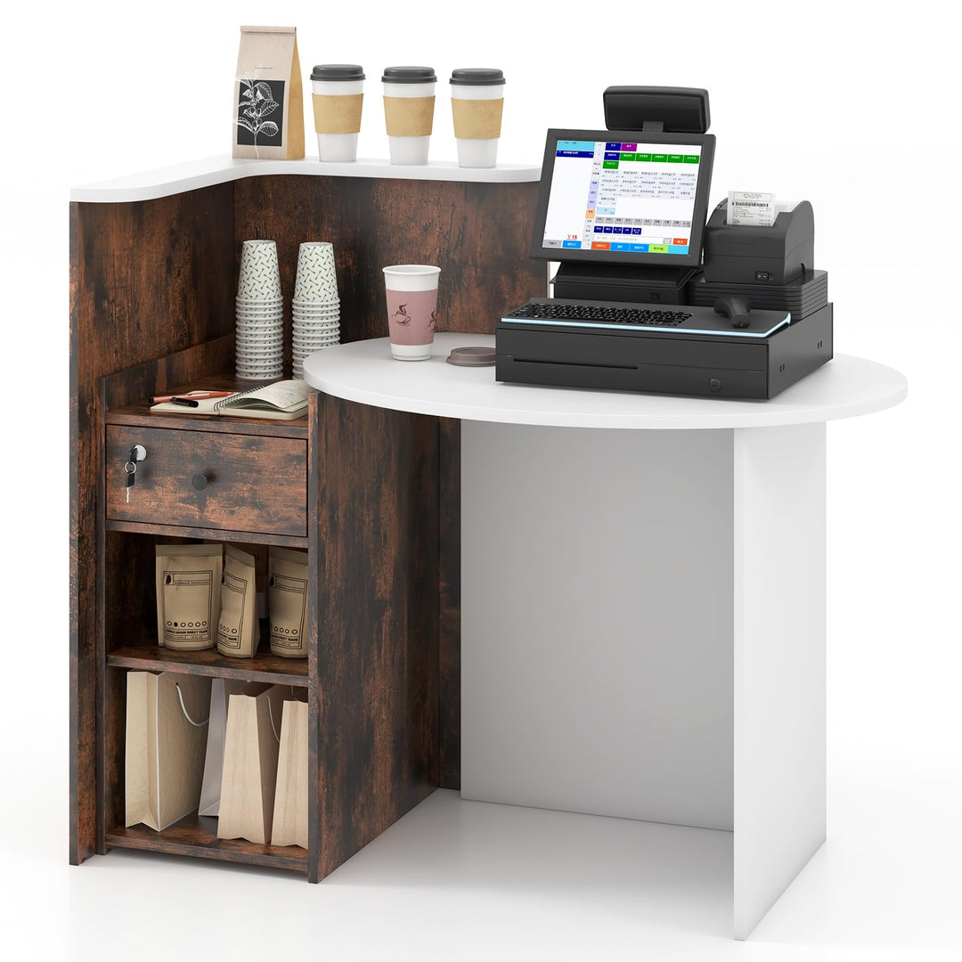 Giantex Reception Desk, Front Counter Desk with Lockable Drawer, Checkout Table with Round Tabletop