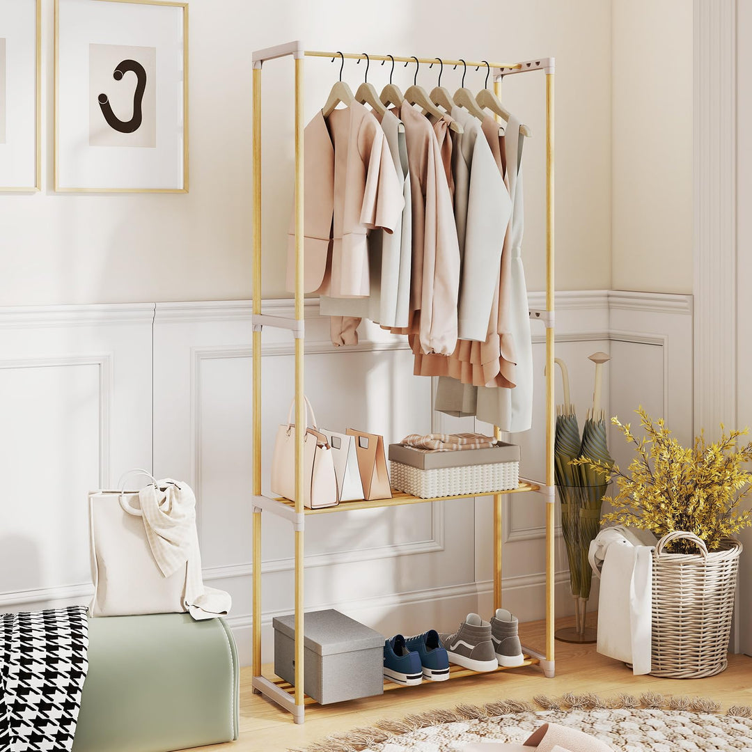 Giantex Pine Wood Clothes Rack with 2-Tier Open Storage Shelf for Hanging Clothes