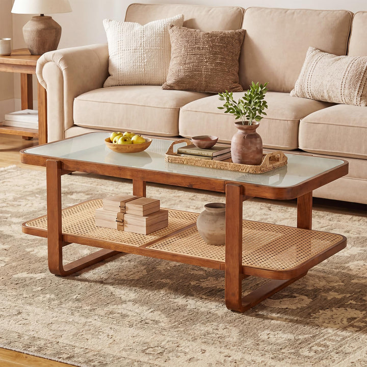 Giantex Rattan Coffee Table | 41.5" Farmhouse Center Table with Storage &amp; Frosted Tempered Glass