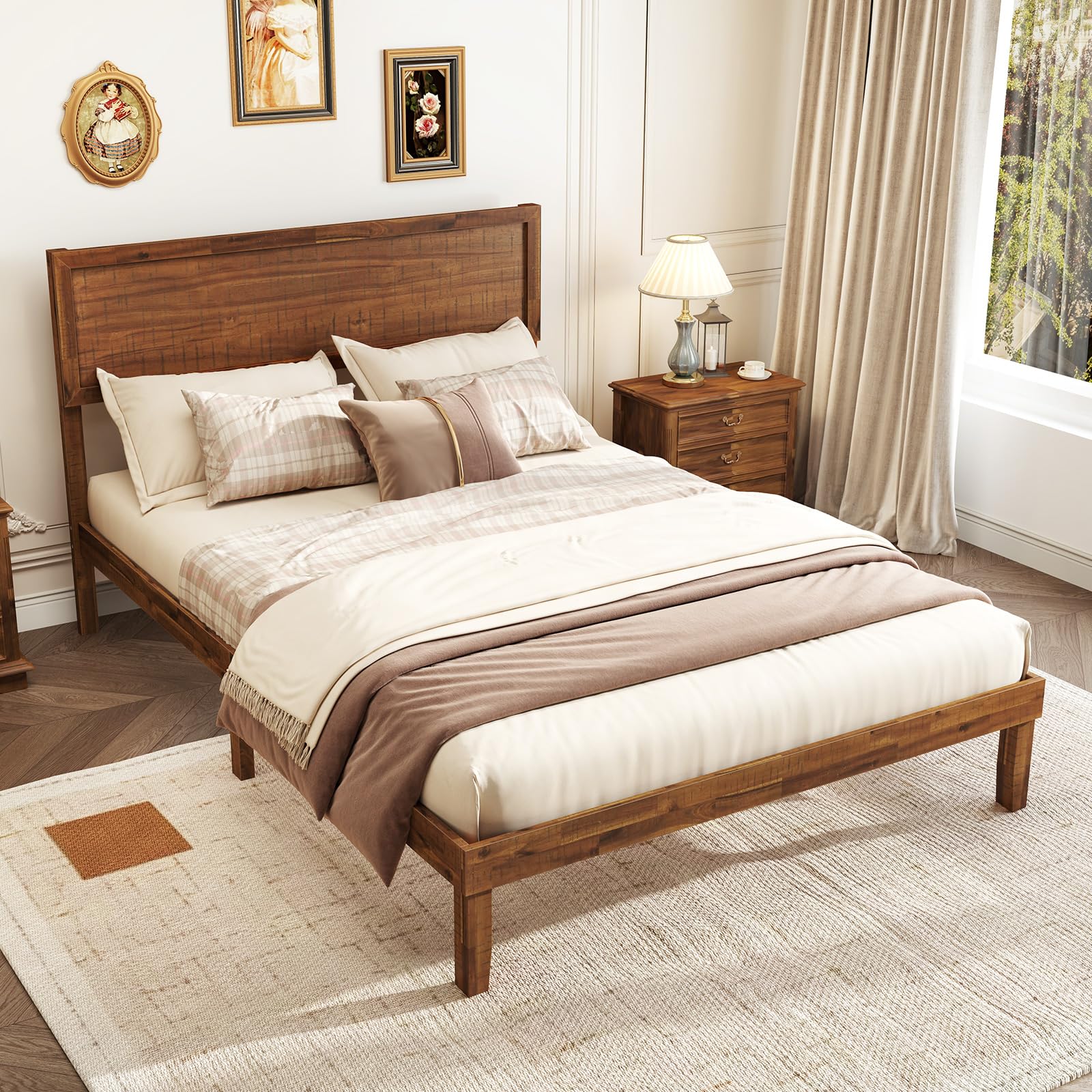 Giantex Wood Bed Frames with Headboard, Mid Century Modern Platform Bed