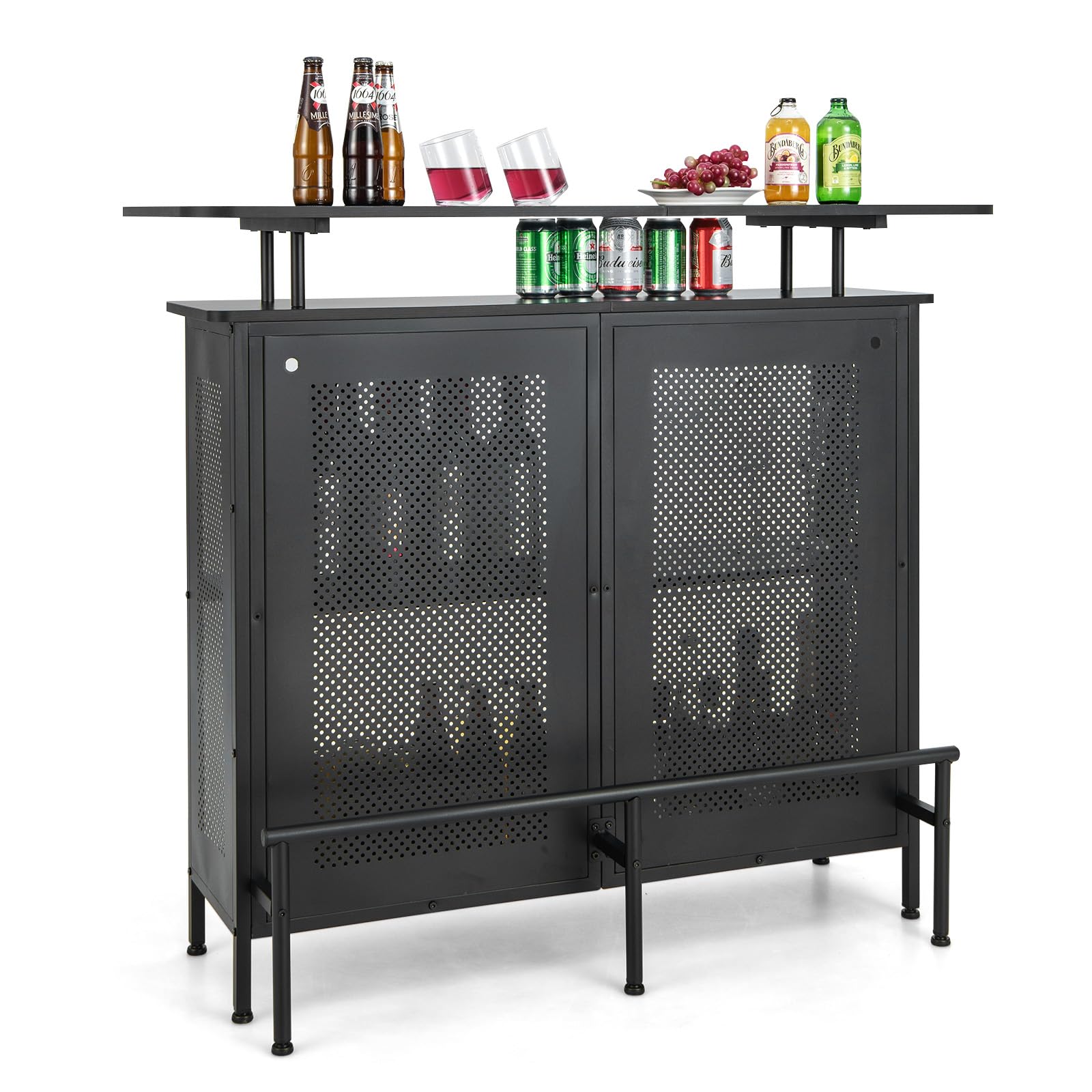 Giantex 4-Tier Home Bar Unit, Home Bar Cabinet w/ 2 Wine Storage Shelves & 6 Stemware Holders, Black
