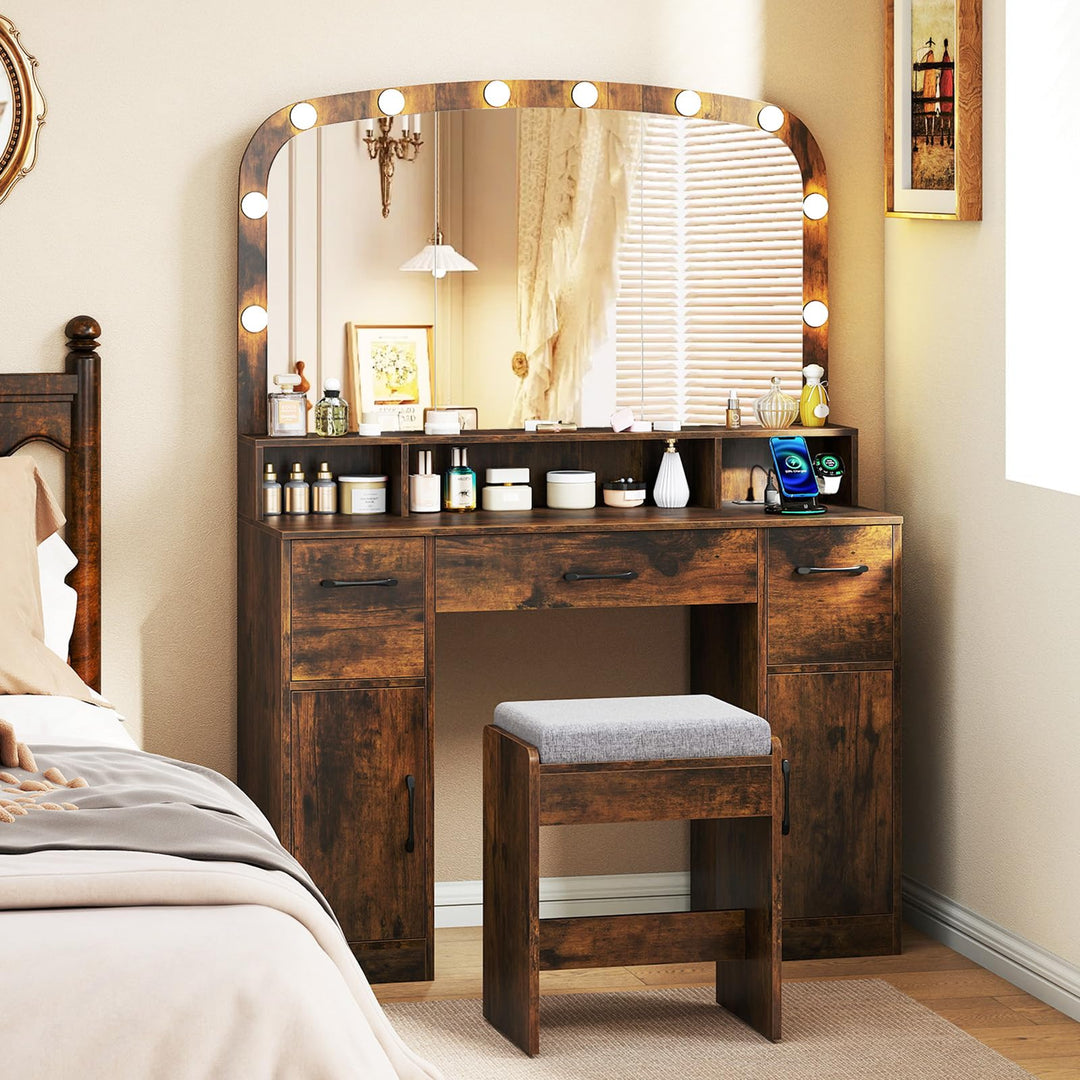 Giantex Vanity Desk Makeup Table with Stool 3-Color Lights and Charging Station