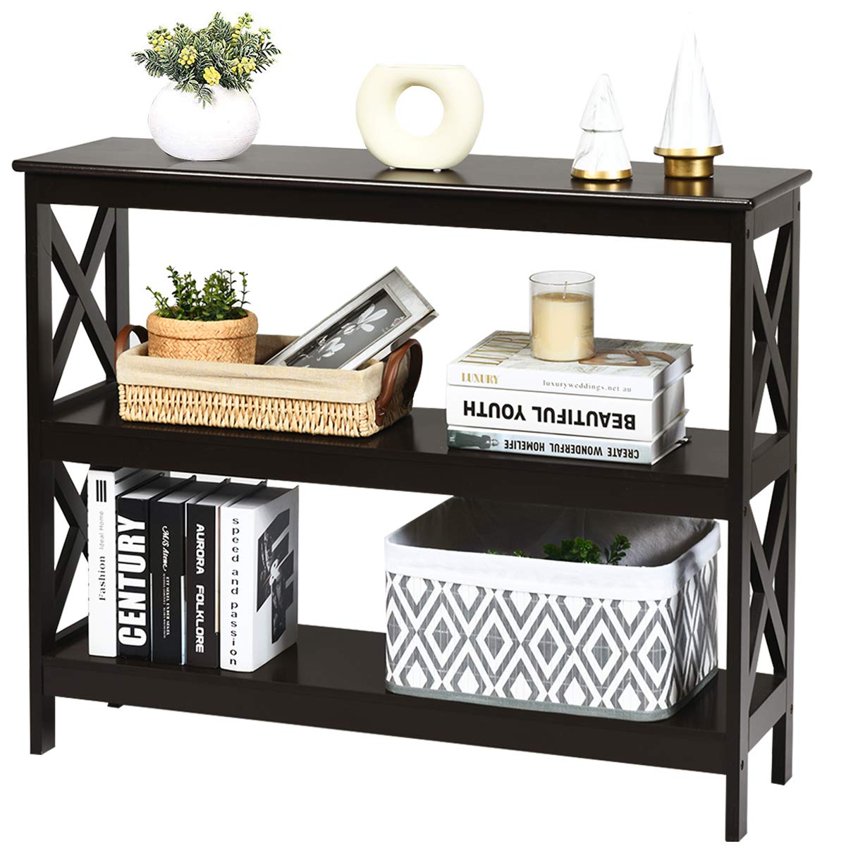 Giantex Console Table with Storage Shelves and X-Shape-Design Bookshelf Narrow Accent Table
