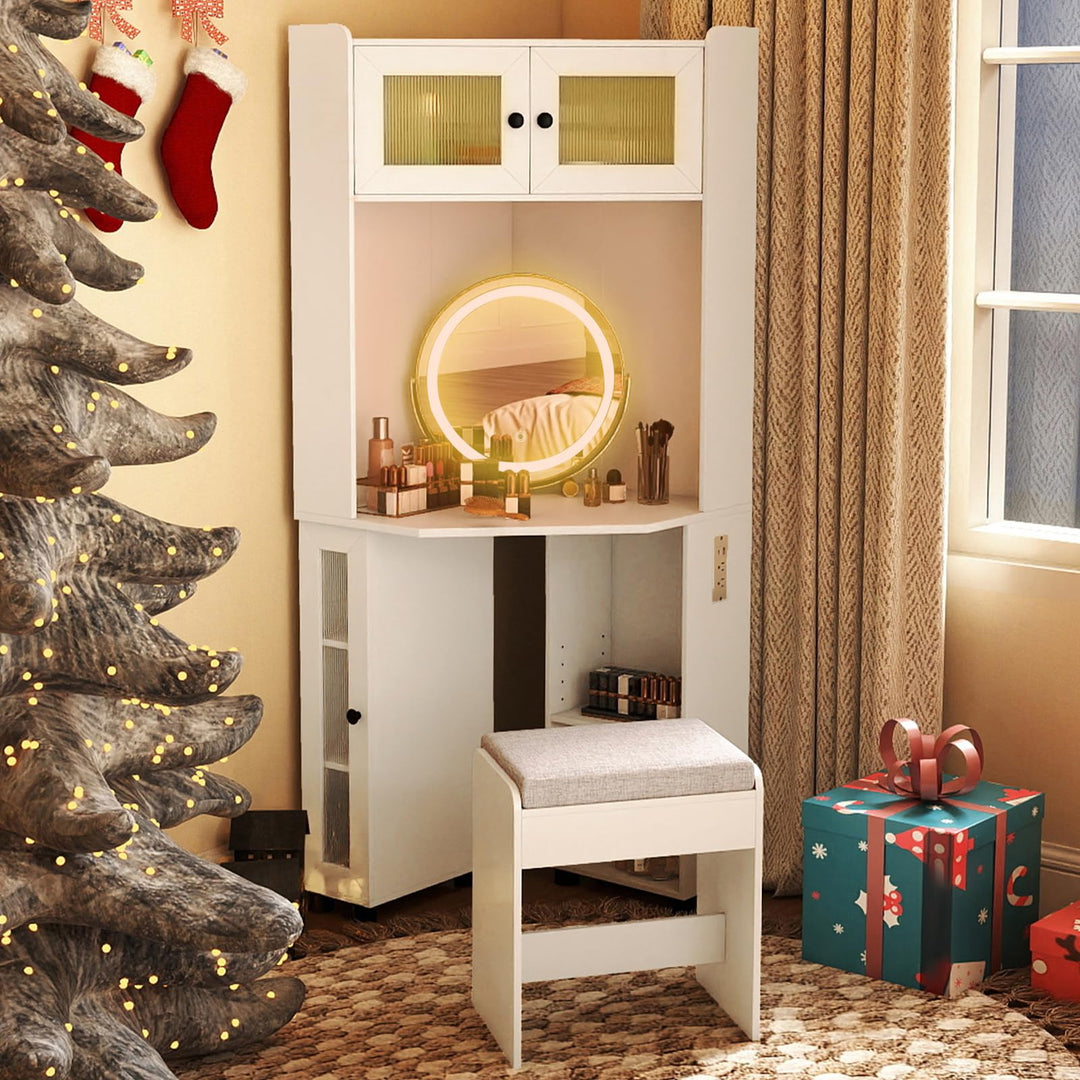 CHARMAID Corner Vanity Desk with LED Mirror & Lighted Fluted Cabinet