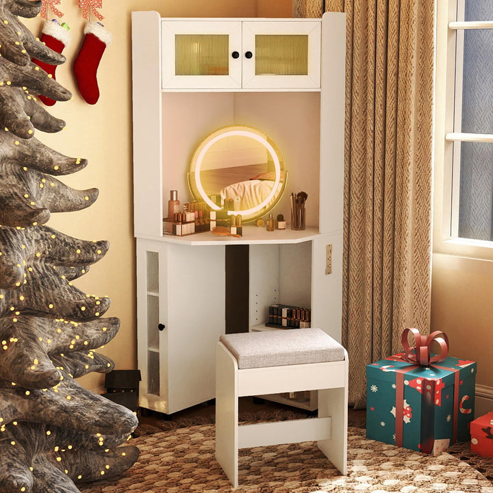 CHARMAID Corner Vanity Desk with LED Mirror & Lighted Fluted Cabinet