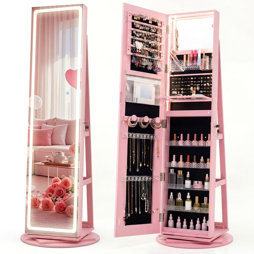 CHARMAID LED Mirror Jewelry Cabinet Armoire 360° Swivel, 63" H 3-Color Lighted Full Length Mirror