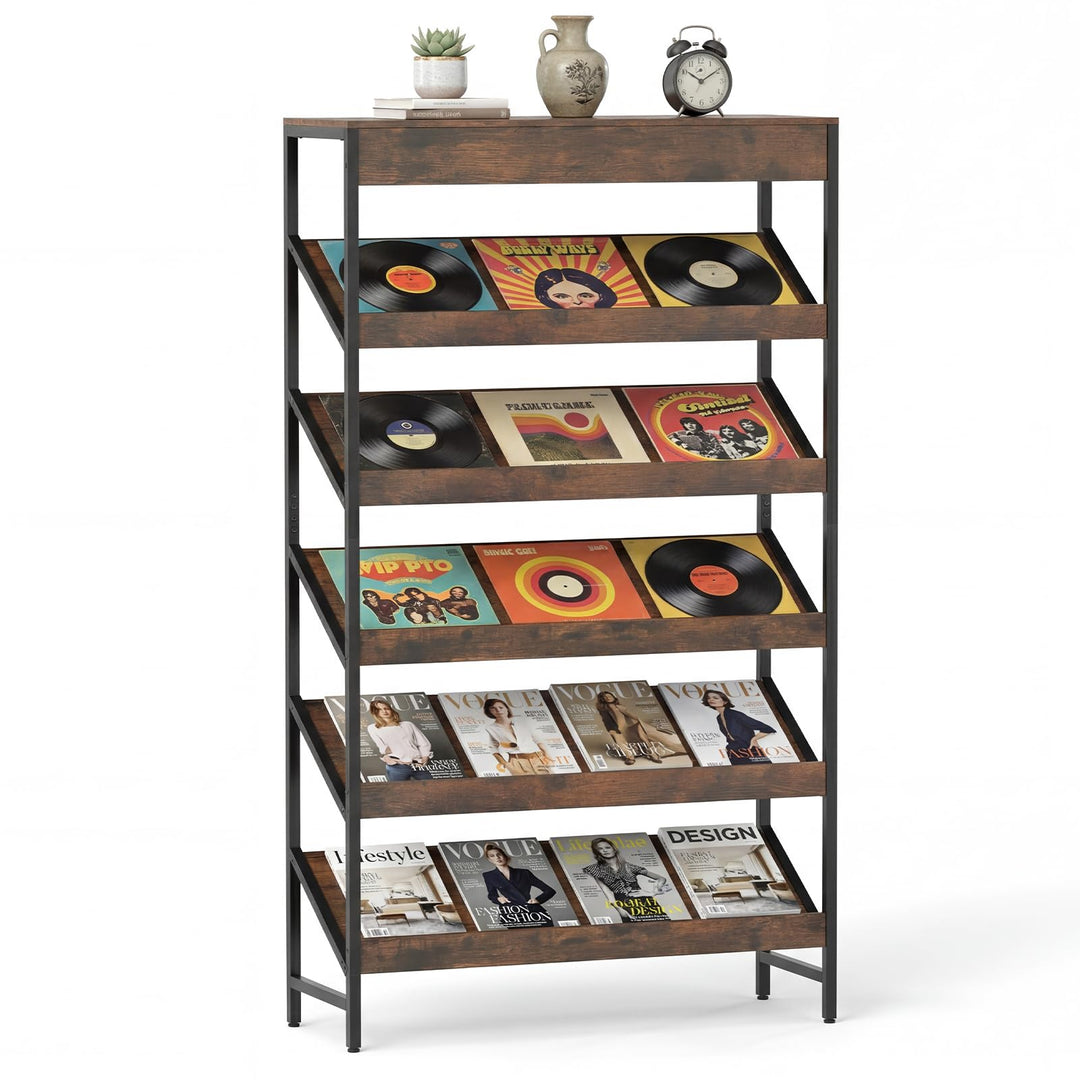 Giantex 6-Tier Industrial Tall Bookcase with Angled Shelves and Metal Frame