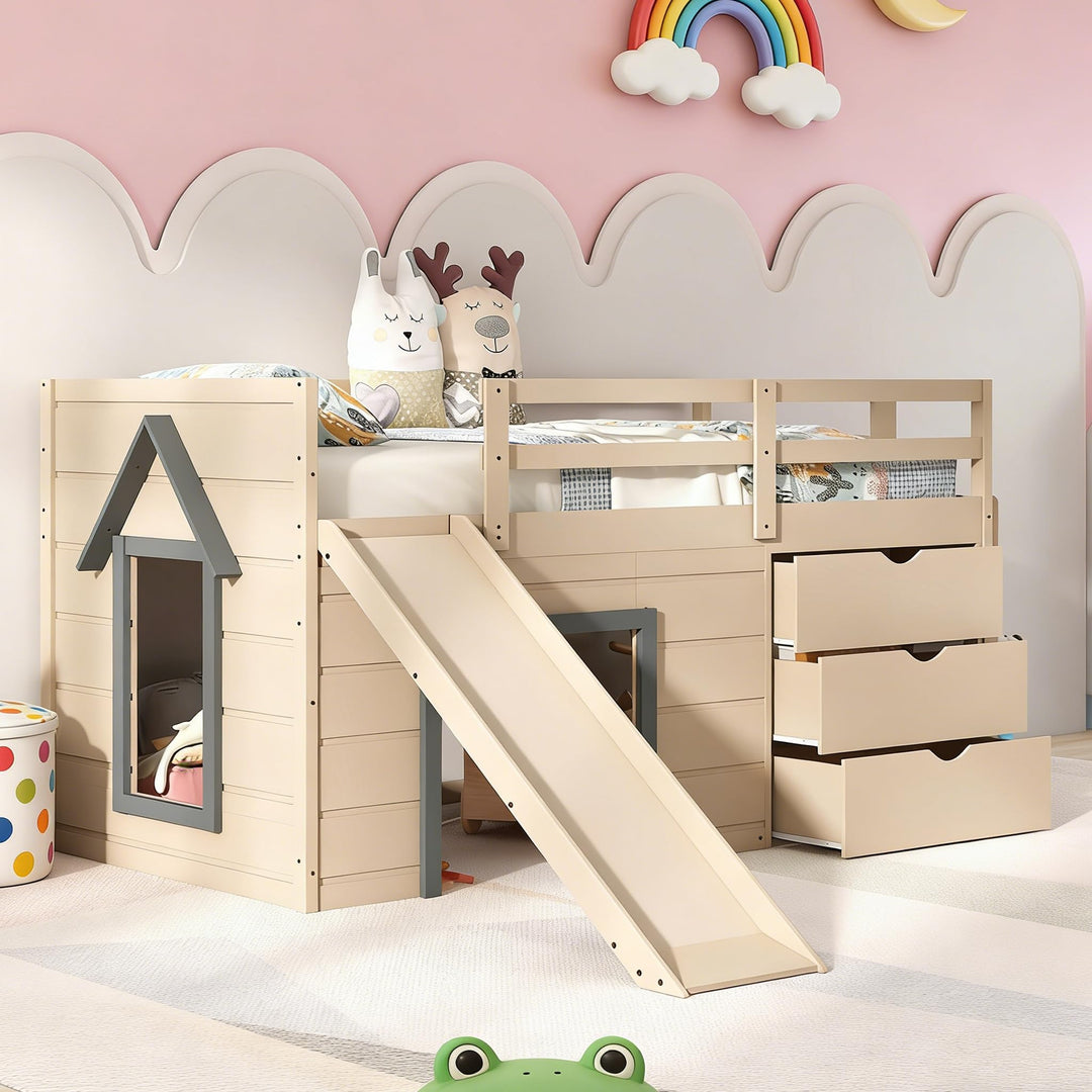 Giantex Low Loft Bed Twin Size | Solid Wood Kids Bed with Slide &amp; 3 Storage Drawers