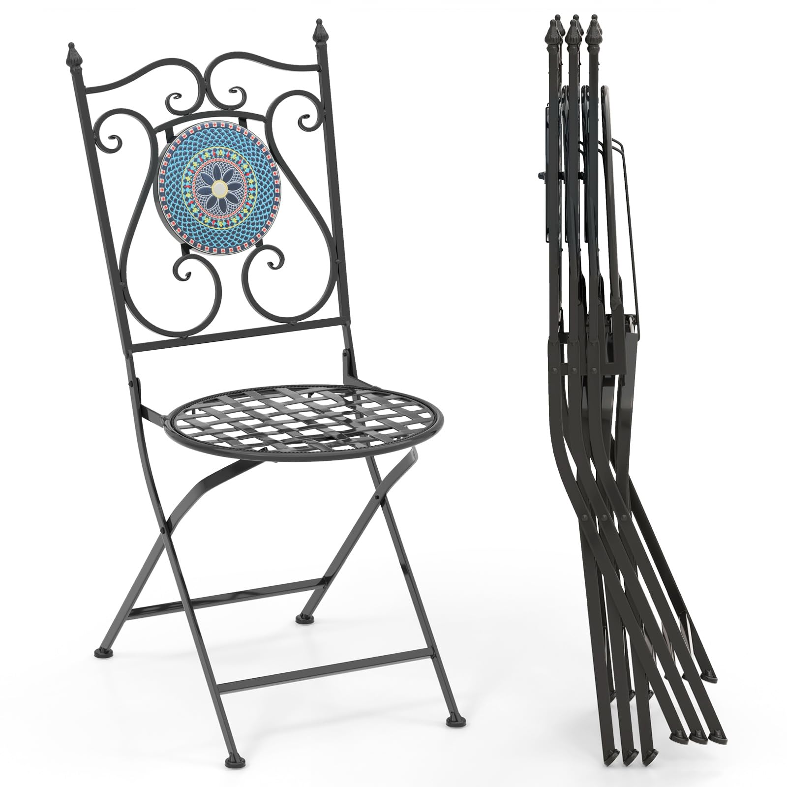 Giantex Patio Folding Chairs, Mosaic Bistro Chairs w/Backrest & Round Seat for Porch Balcony Lawn