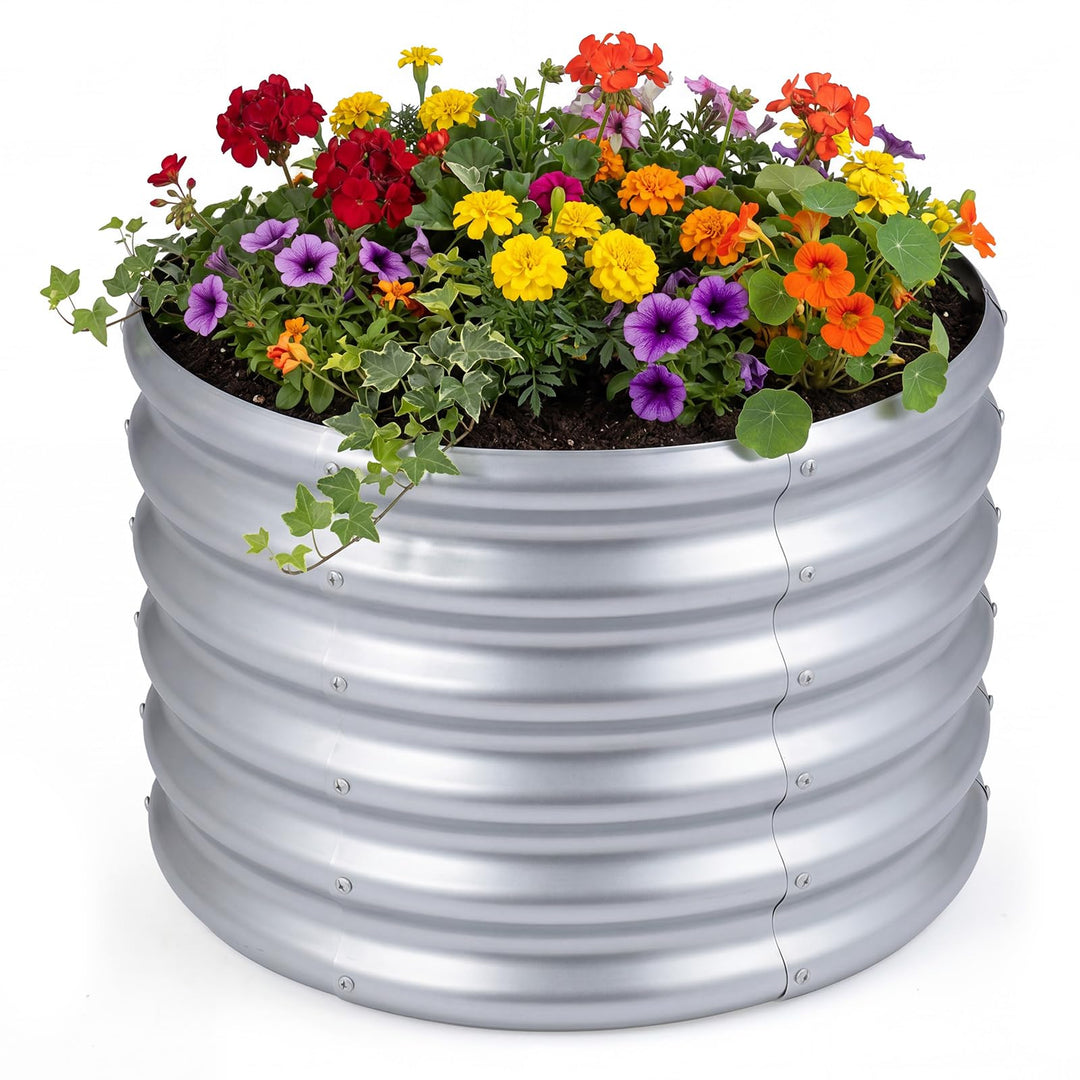 Giantex Galvanized 2 x 2 x 1.5 FT Round Outdoor Planter Box with Open-Ended Base (1/2)