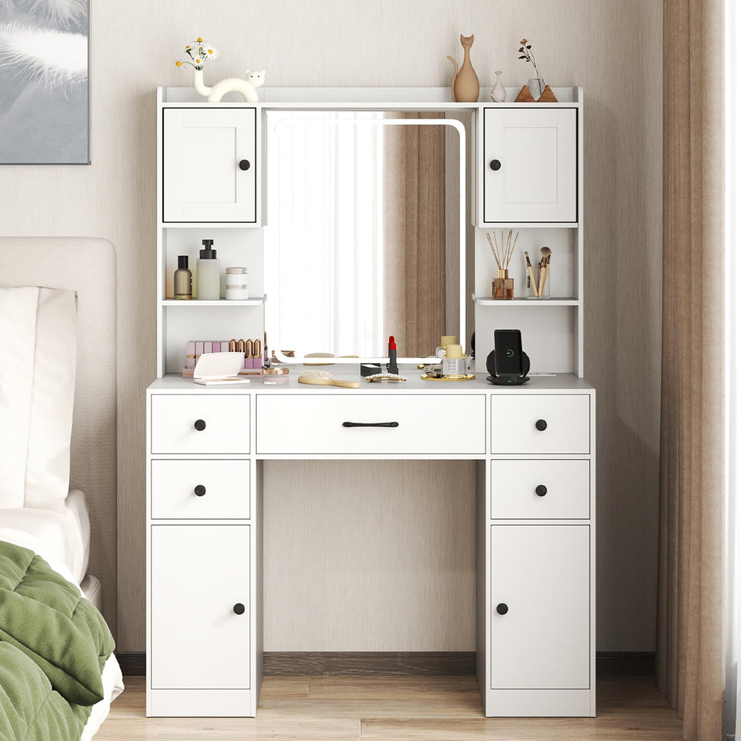 CHARMAID Vanity Desk with Mirror and Lights, White Makeup Vanity Desk with 5 Drawers