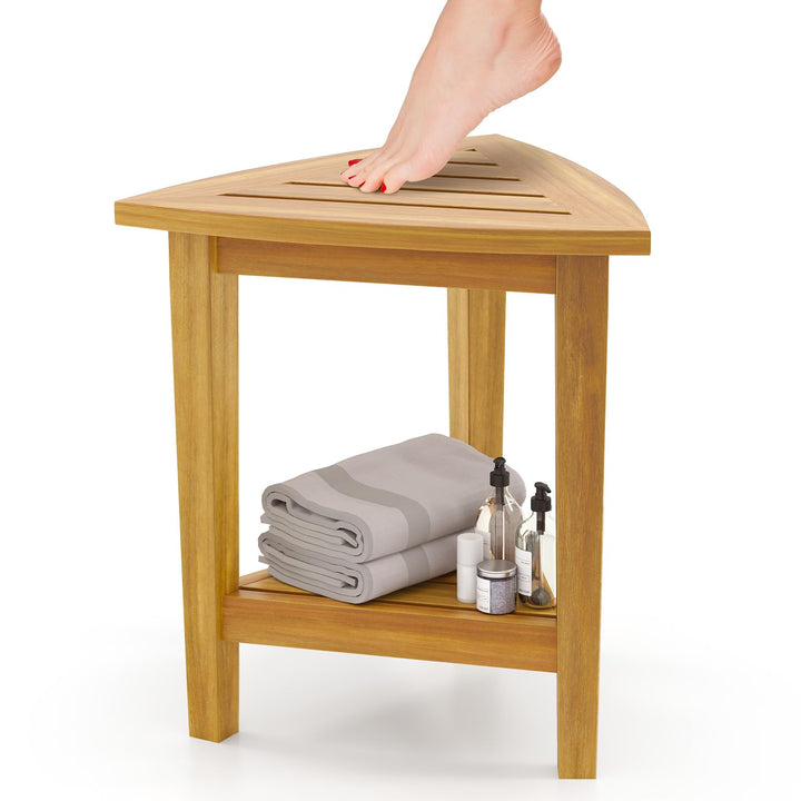 Giantex Corner Shower Bench - Teak Wood Shower Stool with Storage Shelf