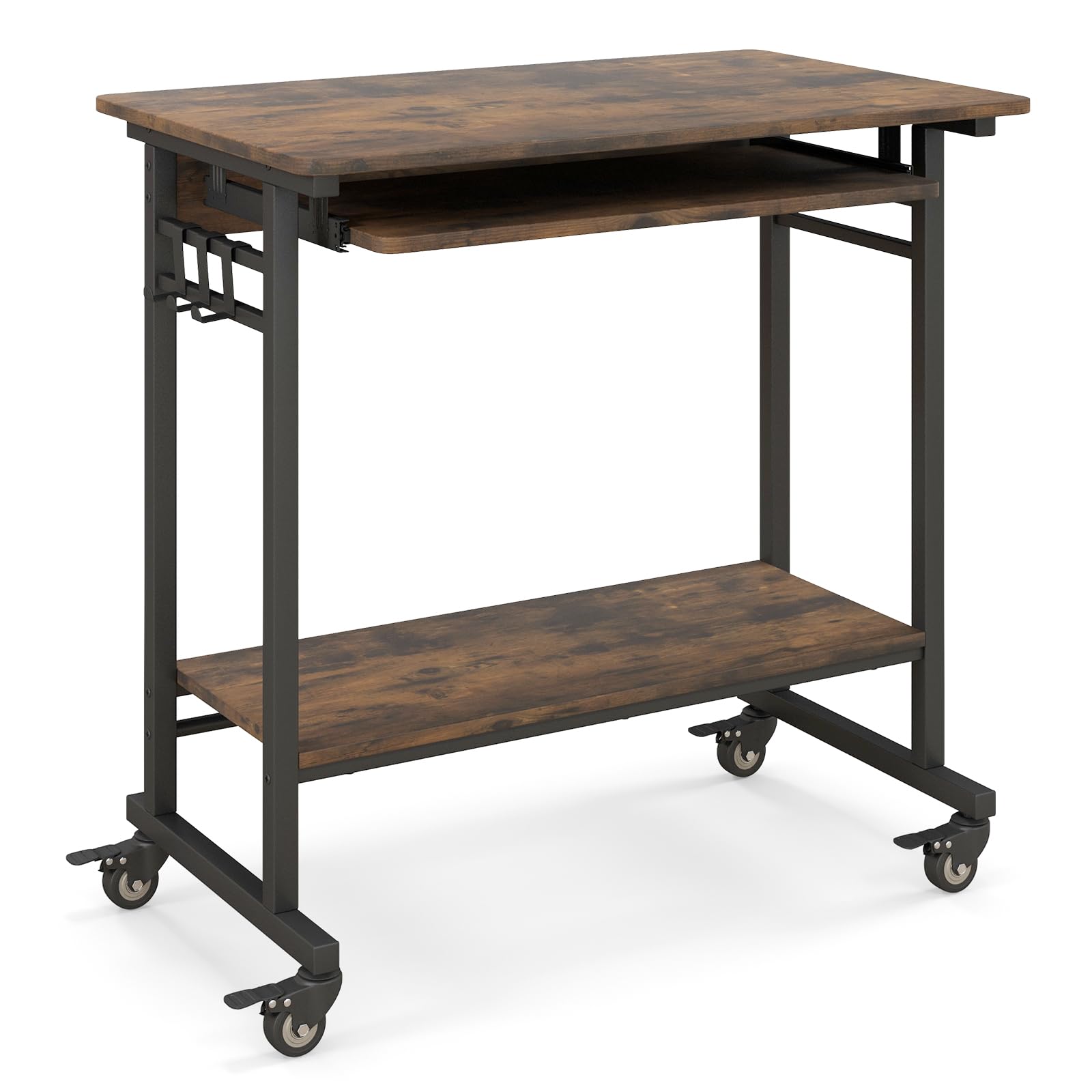 Giantex Mobile Computer Desk, Rolling Writing Desk with Keyboard Tray, Shelf & 3 Hanging Hooks, Rustic Brown & Black