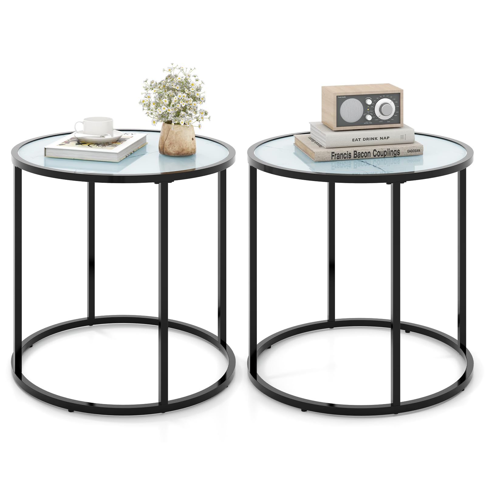 Giantex Round Side Table, Tempered Glass End Table with Metal Frame