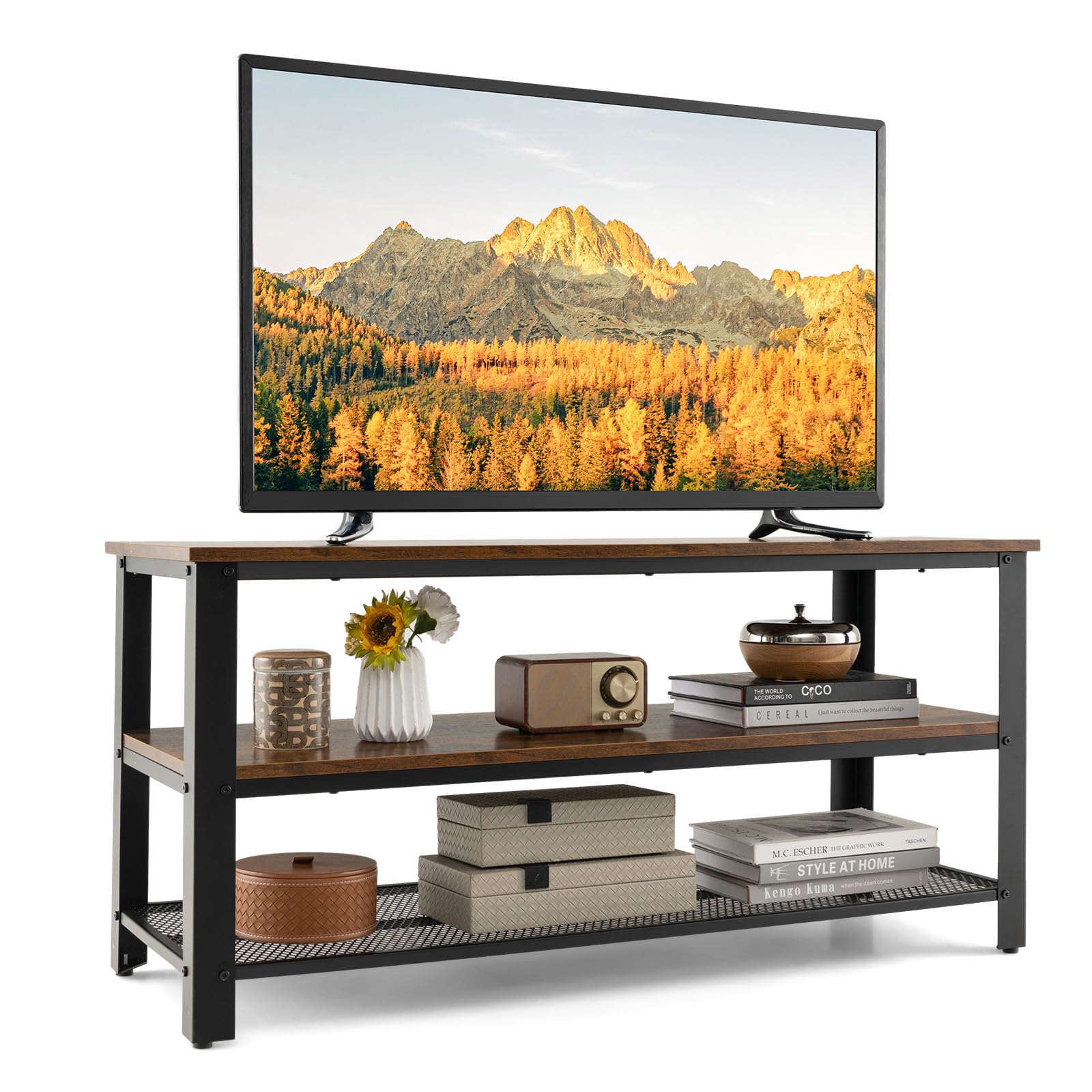 Giantex TV Stand for Bedroom and Living Room - 3-Tier Industrial Entertainment Center with Open Storage Shelves