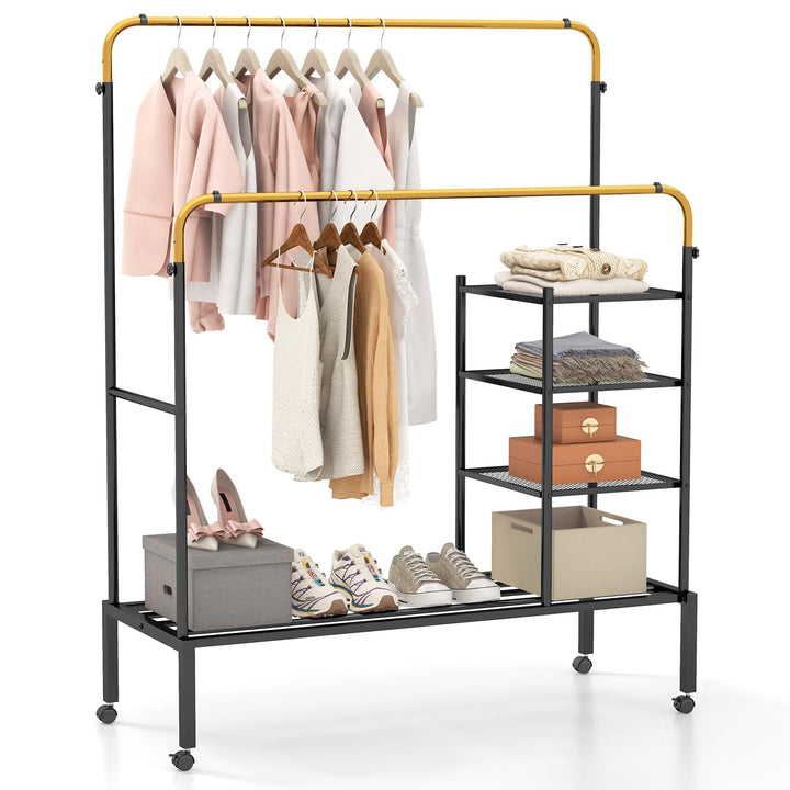 Giantex Double Rods Garment Rack with Wheels, Clothing Rack w/ 2 Hanging Height Adjustable Rods, Side Mesh Racks