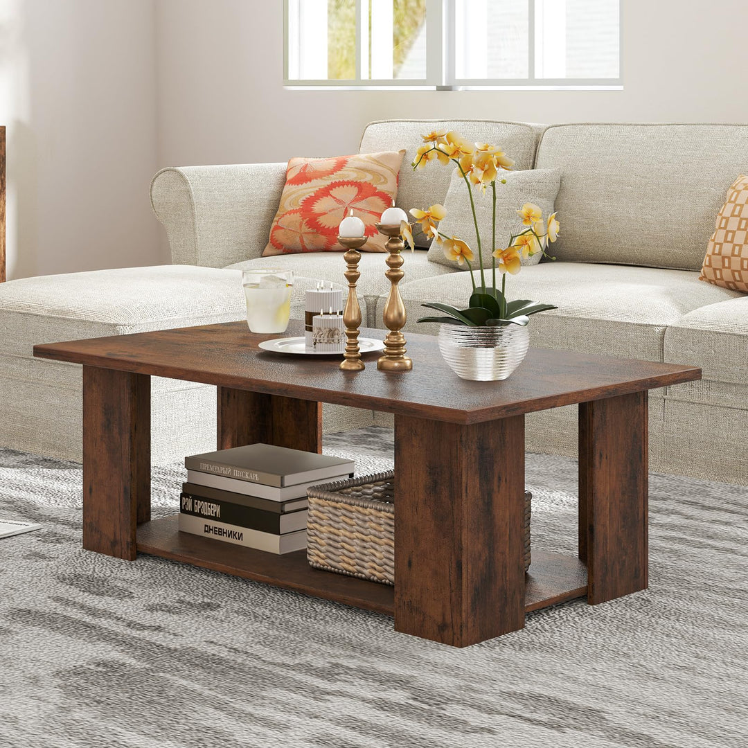 Giantex Rectangle Wood Center Table, 41" L 2-Tier Large Modern Tea Table w/Open Compartment
