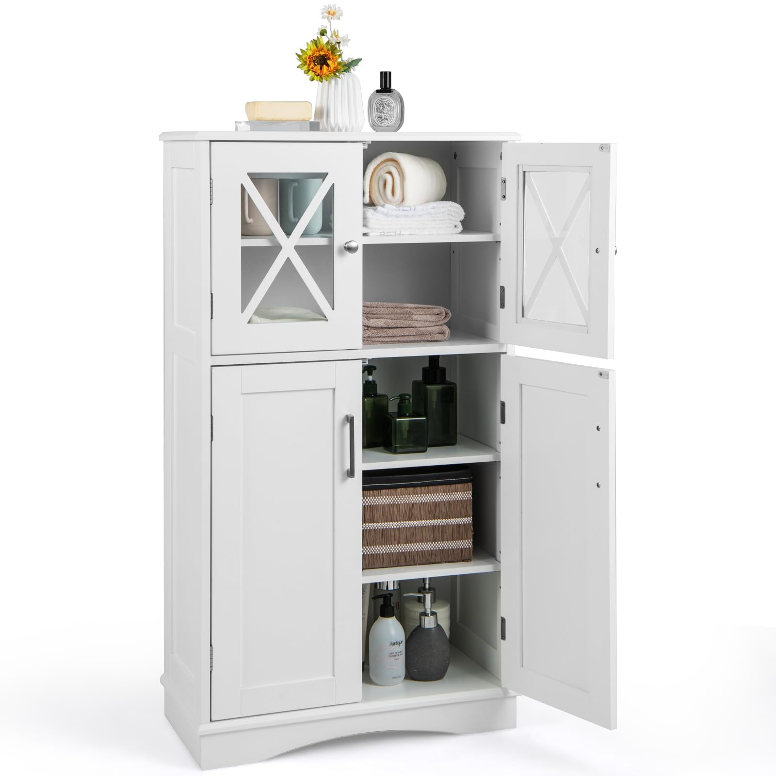 Giantex Bathroom Floor Storage Cabinet - Linen Floor Cabinet with Doors and Adjustable Shelves (White)