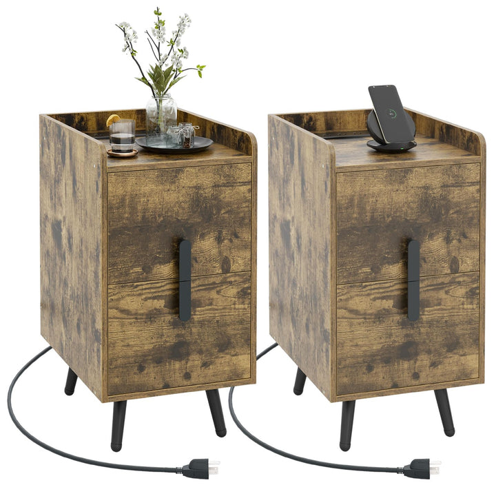 Giantex Nightstand with Charging Station, Narrow End Table with 2 Drawers & Metal Gold Legs