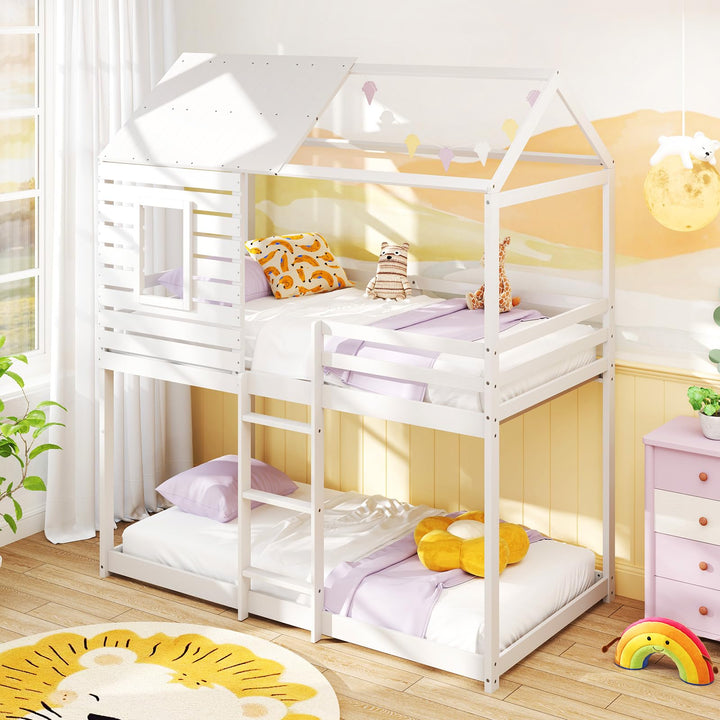 Giantex White Wood Bunk Bed Twin Over Twin with Ladder and Guardrail