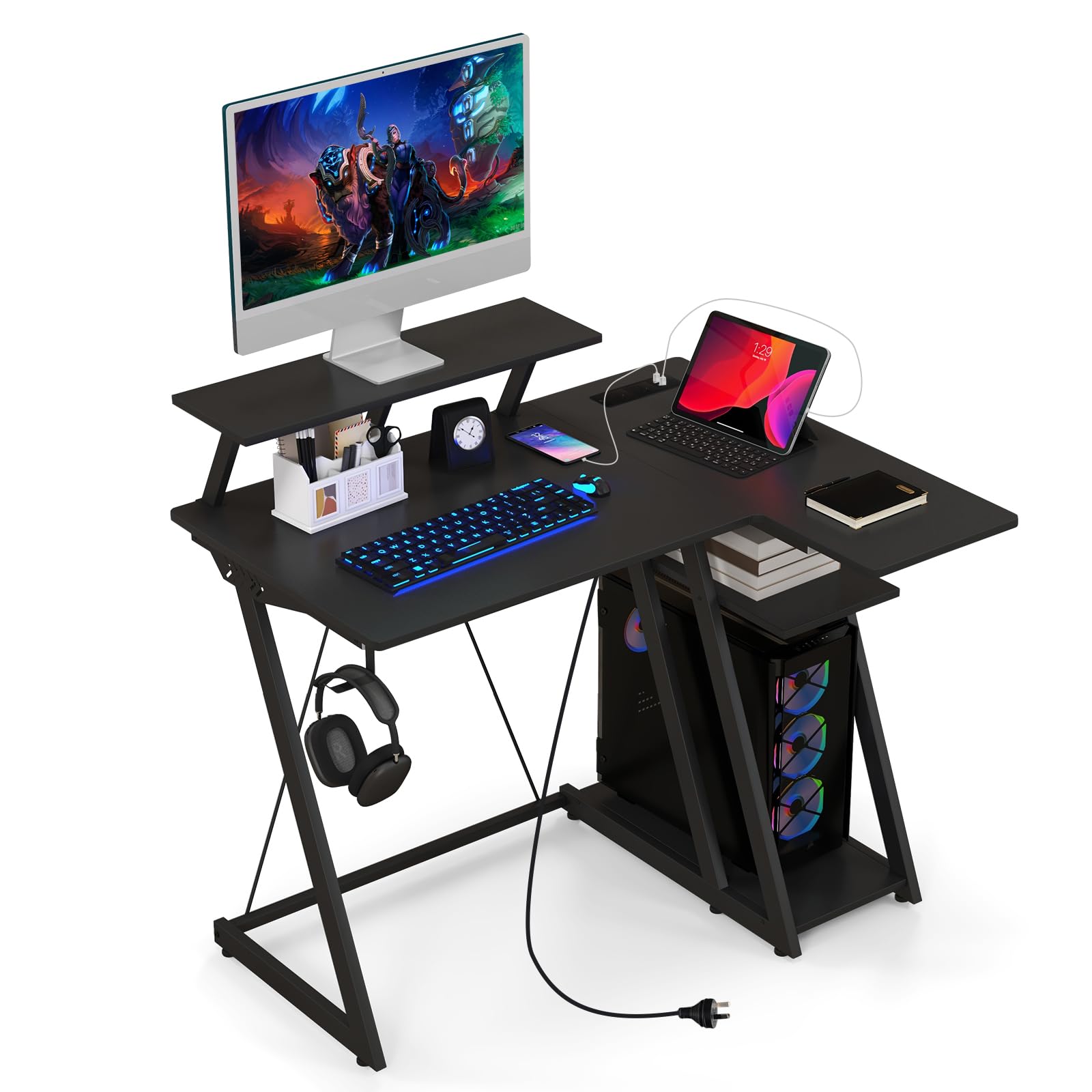 Giantex L Shaped Gaming Desk with Outlets & USB Ports, Small Computer Desk with Monitor Shelf