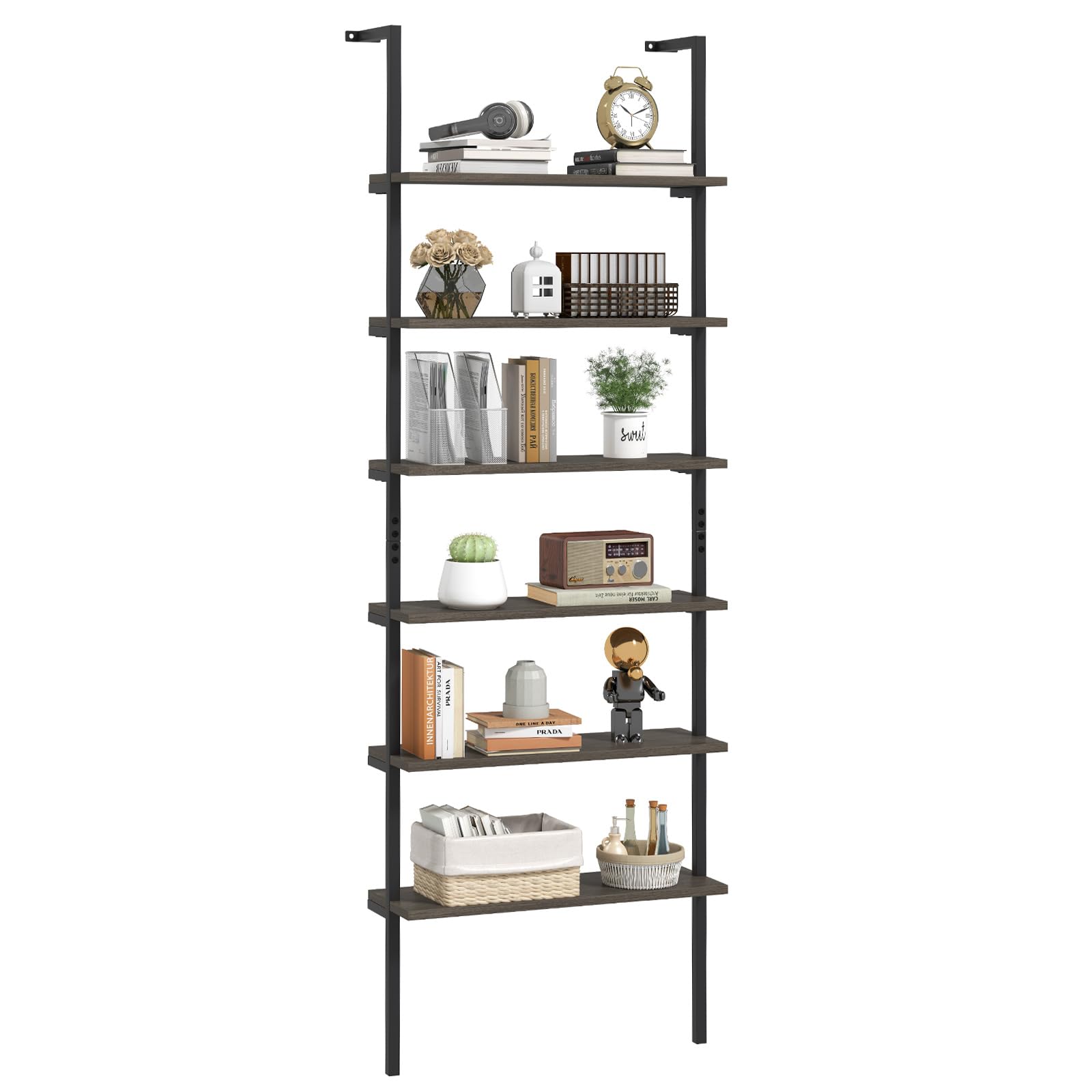Giantex 6-Tier Ladder Shelf, 72" Wall Mounted Bookshelf with Metal Frame, Industrial Open Storage Shelves