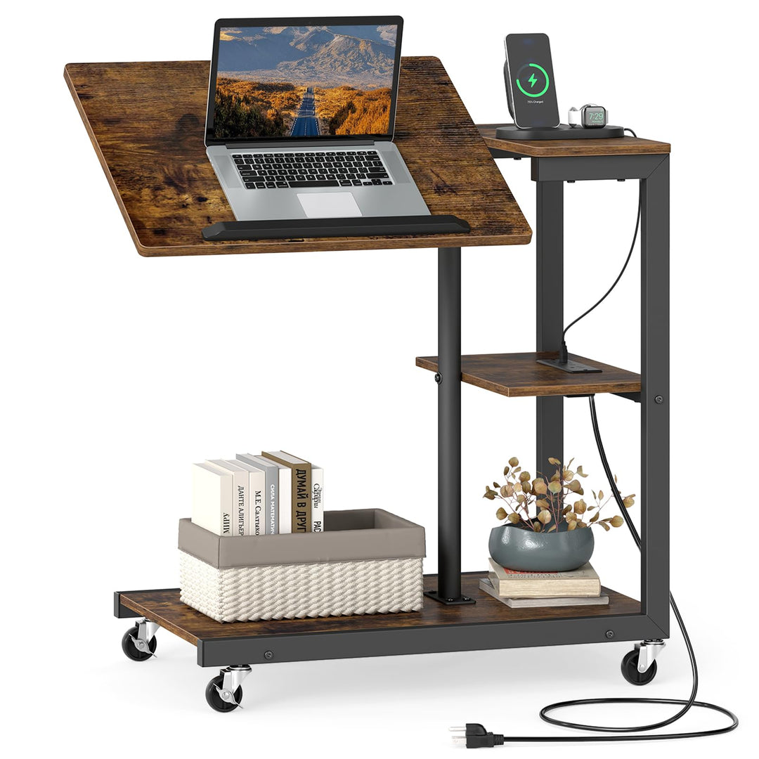 Giantex C Shaped End Table Set 2 w/Charging Station Tiltable Tabletop Wheel