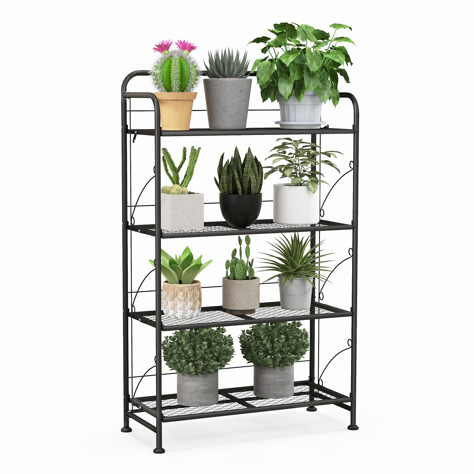Giantex Folding Plant Stand, 4-Tires Collapsible Plant Rack with Adjustable Shelf, Black