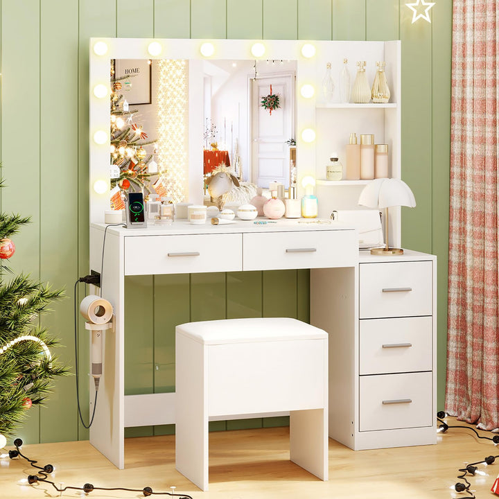 Vanity Desk with Mirror and Lights with Charging Station