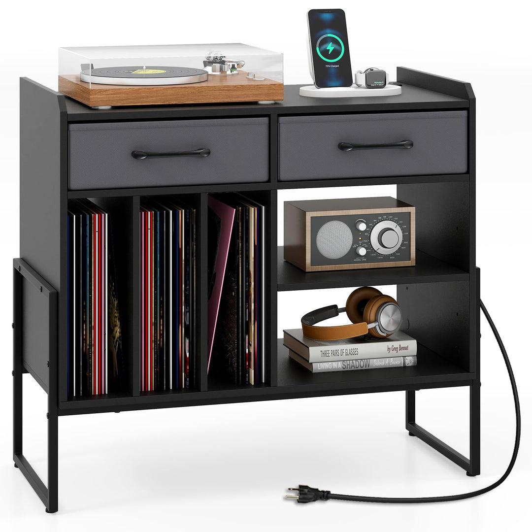 Giantex Large Record Player Stand with Charging Station Mid Century Modern Vinyl Storage Cabinet