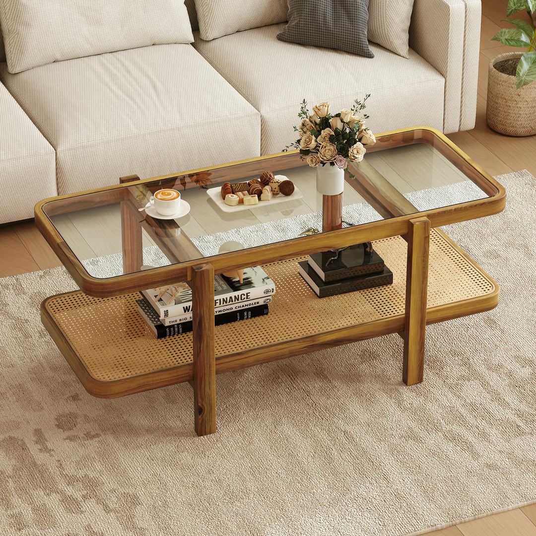 Giantex Rattan Coffee Table, 47.5" Rectangle Solid Wood Tea Table w/Tempered Glass Tabletop