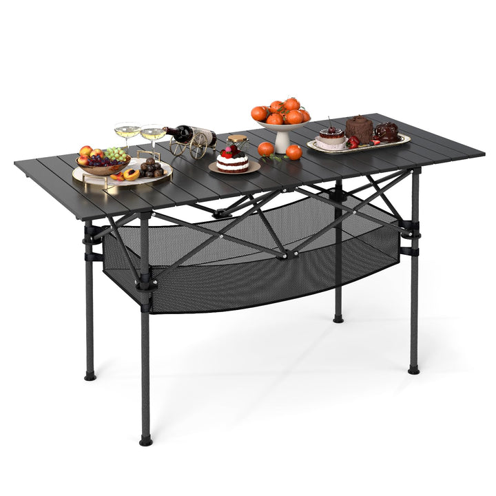 Giantex Folding Camping Table Portable Picnic Table w/Aluminum Roll-up Tabletop & Mesh Basket