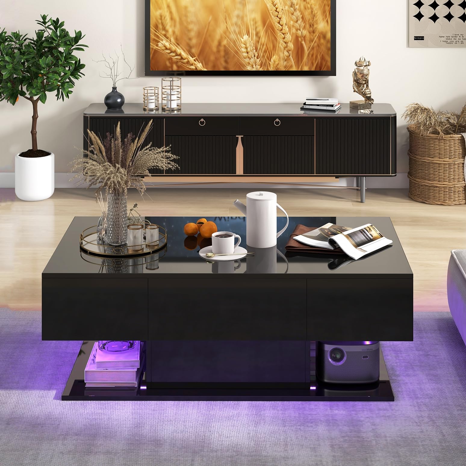 Giantex Modern LED Coffee Table - 2-Tier Center Table