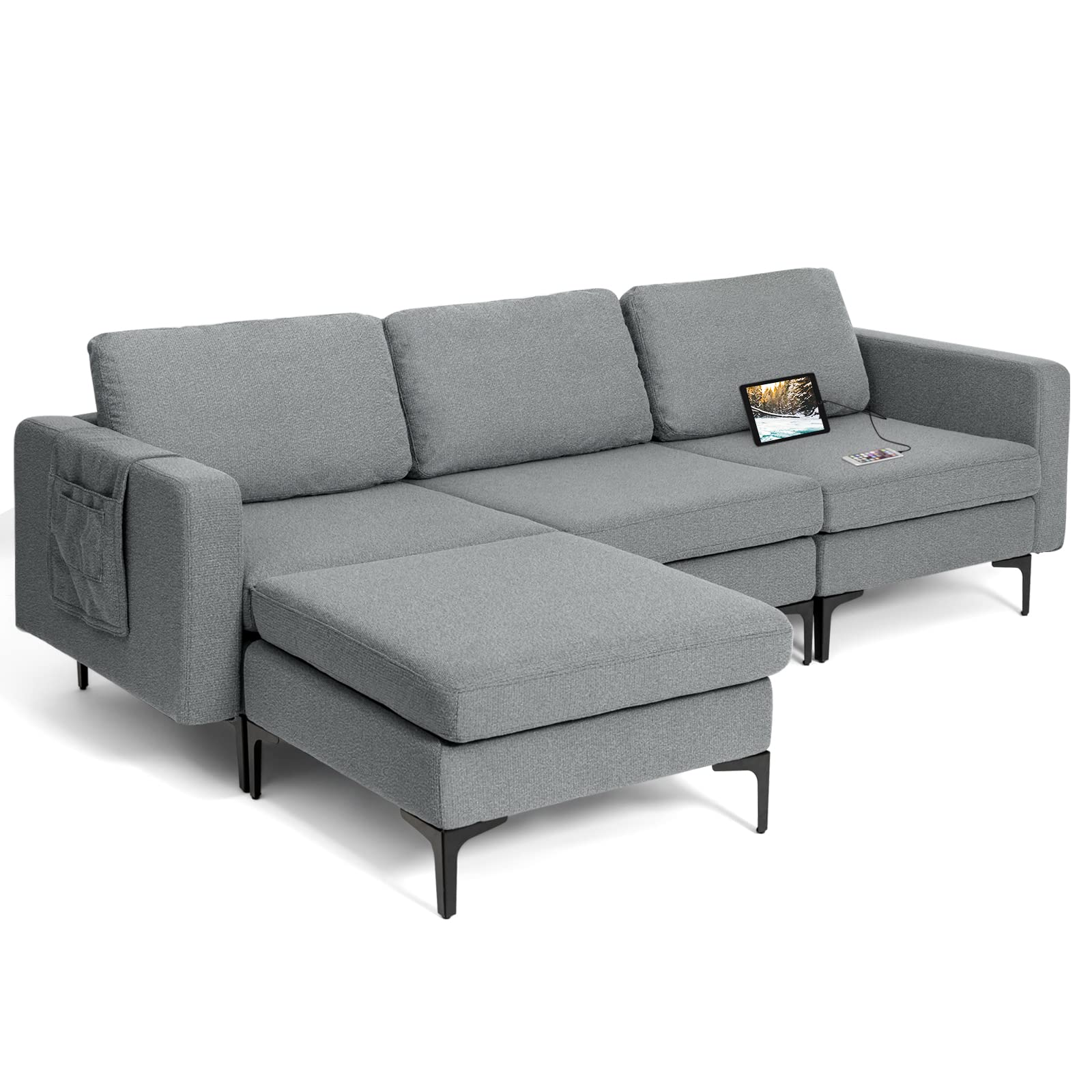 Giantex 94.5" L Convertible Sofa Couch, 3 Seat Sectional Sleeper with USB Ports & Socket